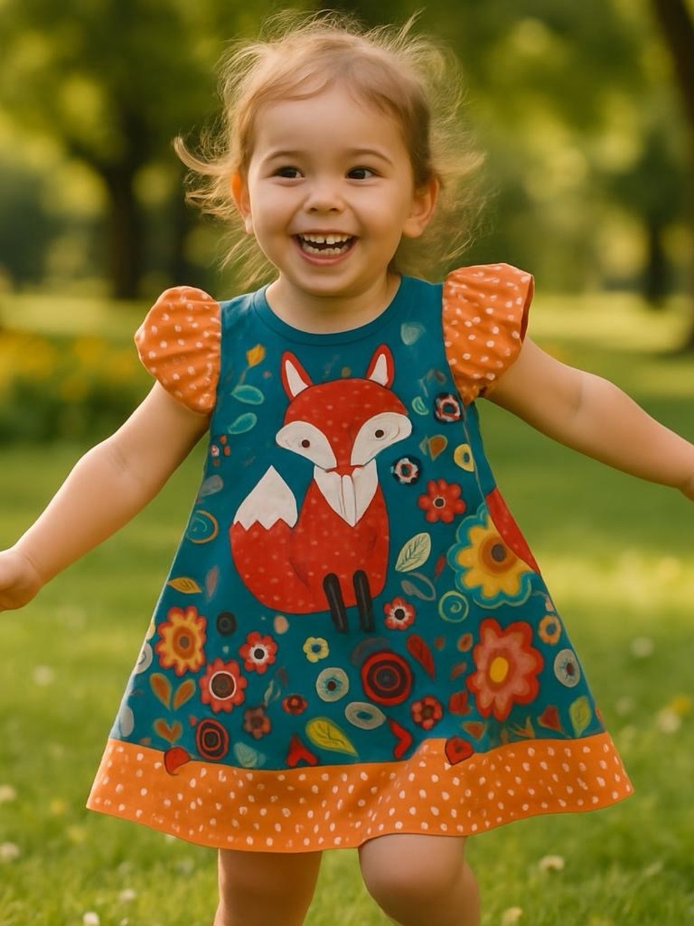 Mini Taylor‎ Girls Teal & Orange Fox Appliqué Dress Size 2 - 3 yrs